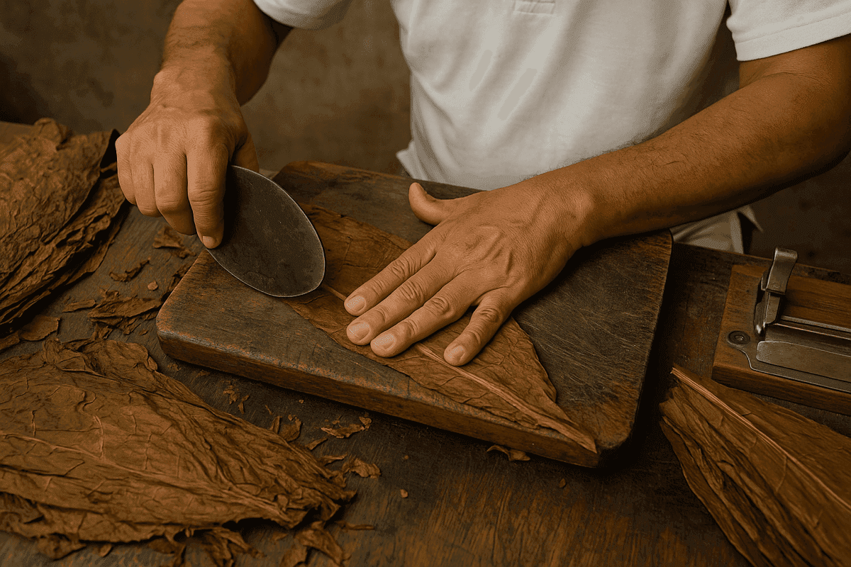 Hands cutting a tobacco leaf on a wooden board
