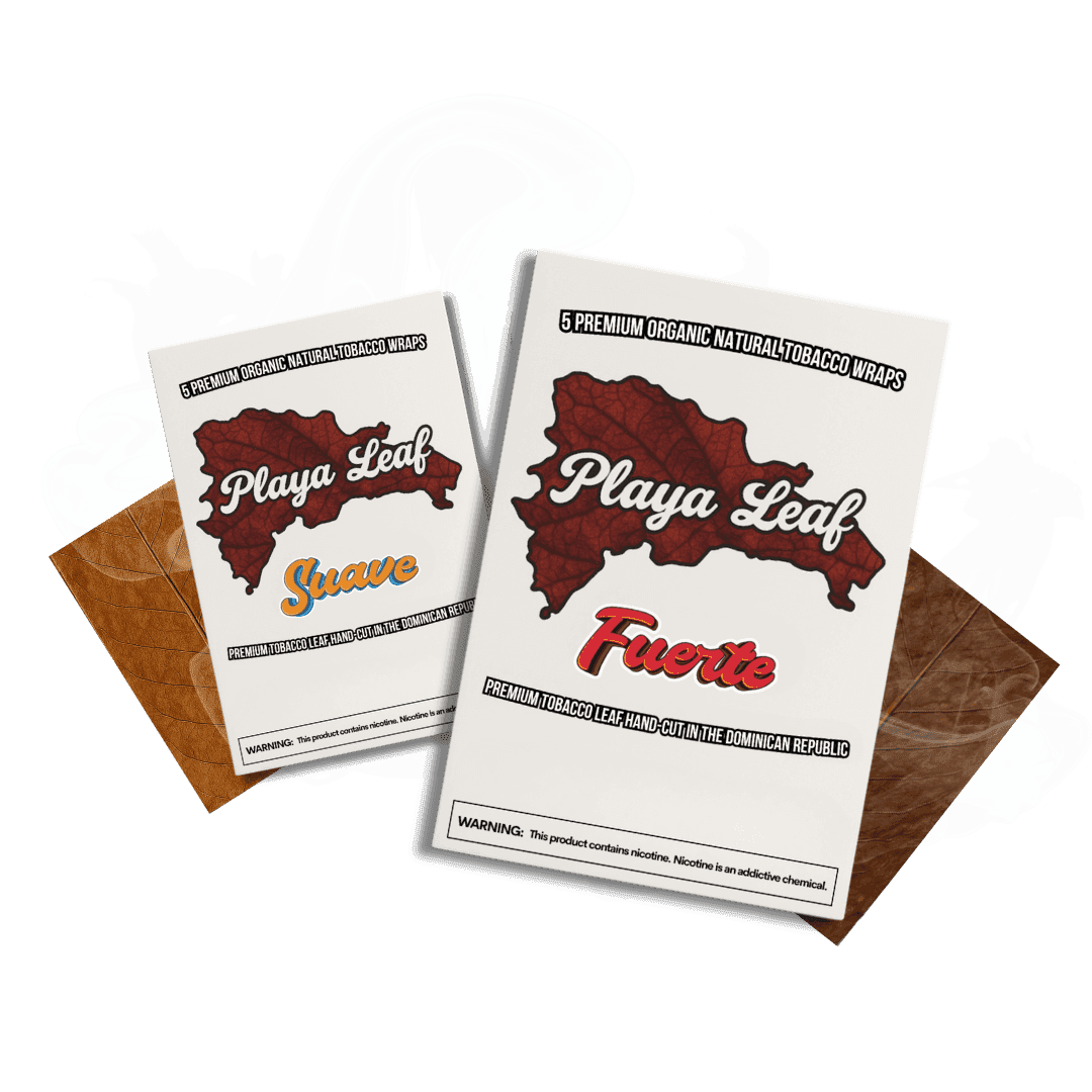 Playa Leaf Suave and Fuerte boxes with tobacco leaves and drifting smoke